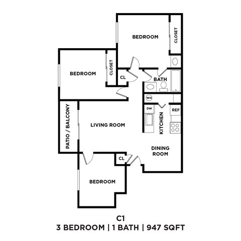 A black and white image of a floor plan for a 3 bedroom apartment with 1 bath.